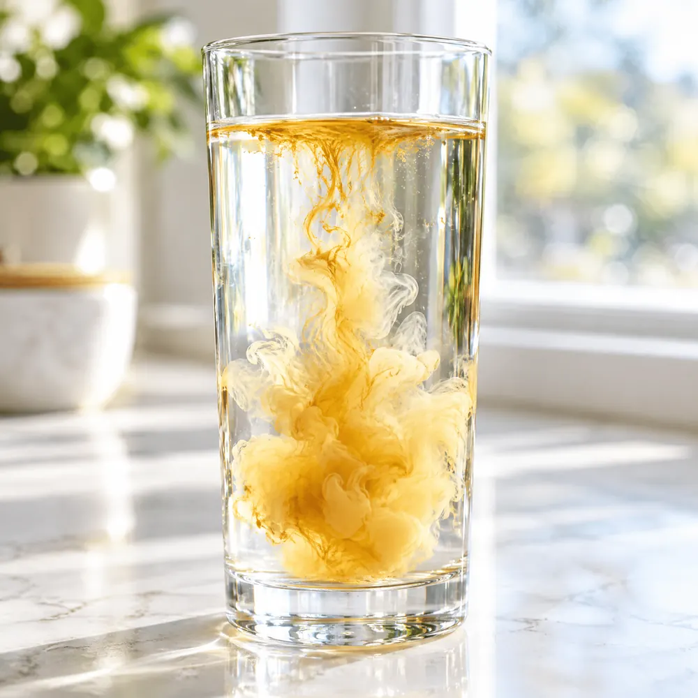 Golden drops dispersing into a milky cloud in a glass of water