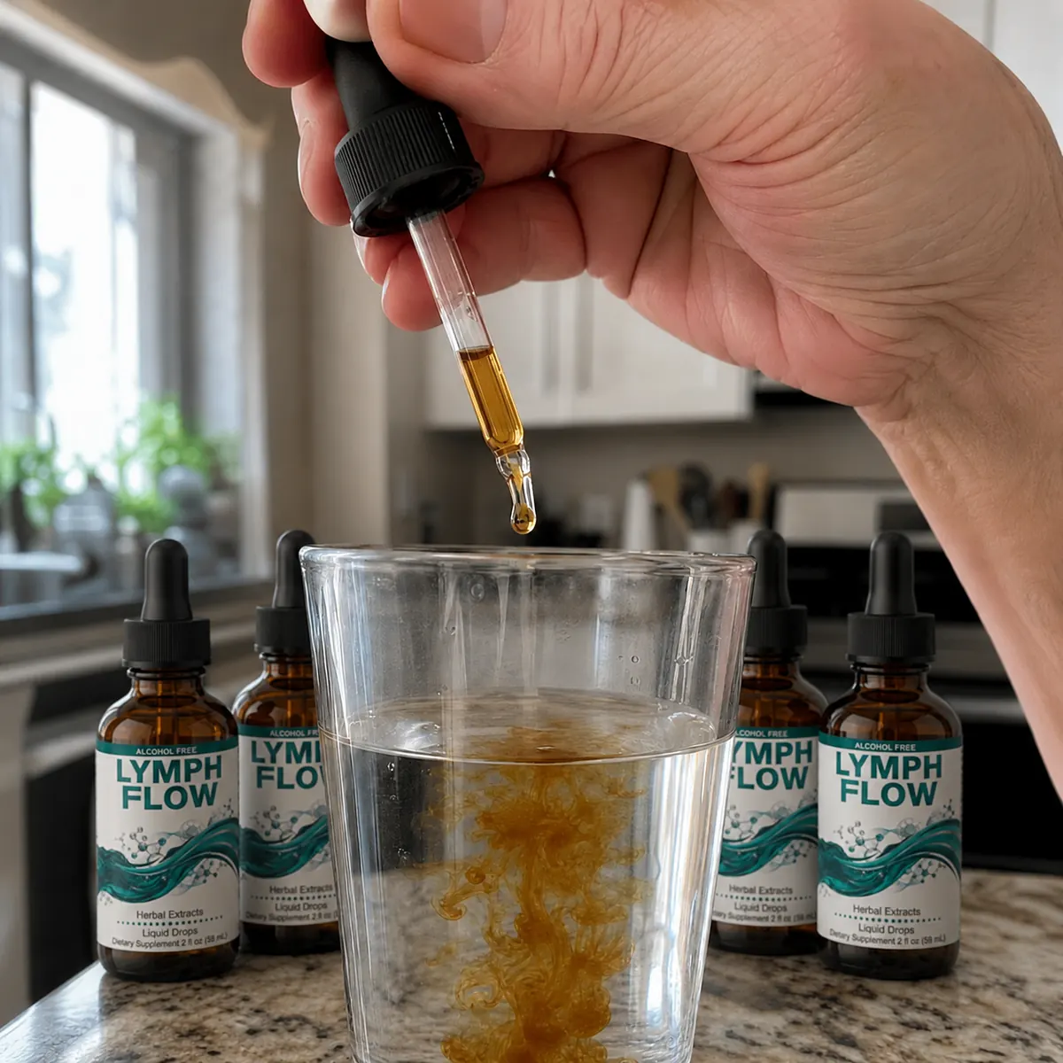 Lymph Flow drops dispersing into a glass of water, with bottles on the counter