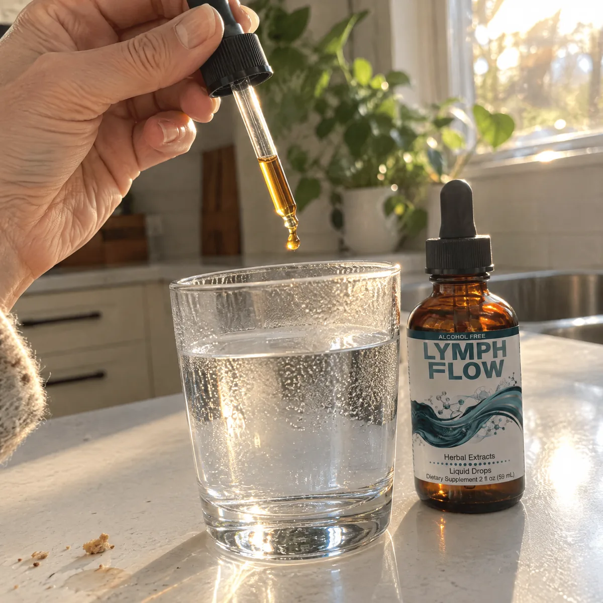 A golden drop of Lymph Flow falling from a dropper into a glass of morning water