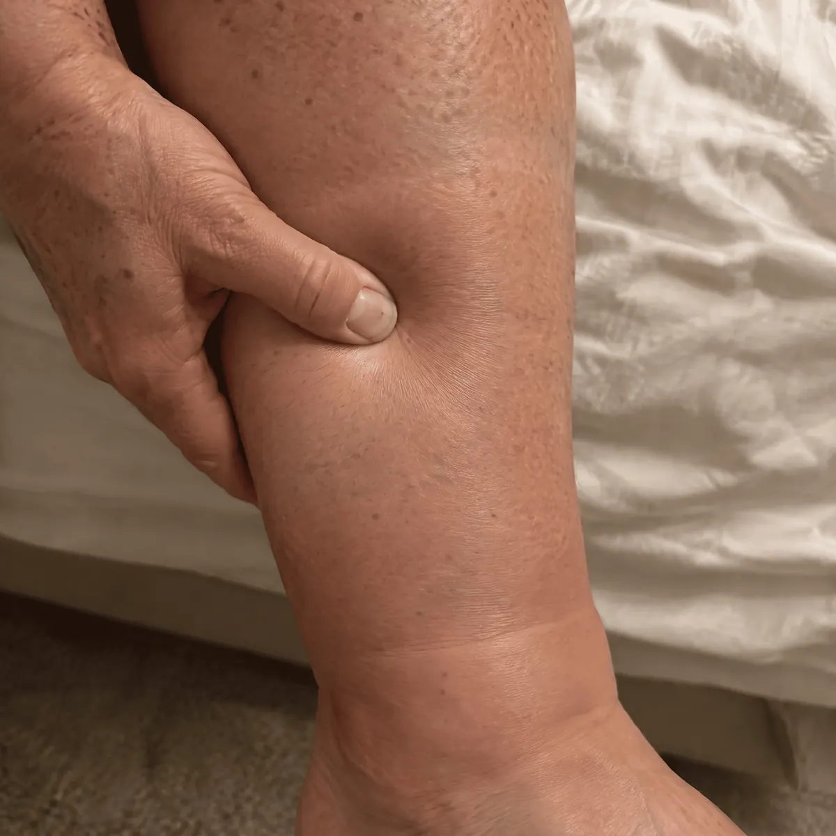 A thumb pressed into the skin above the ankle