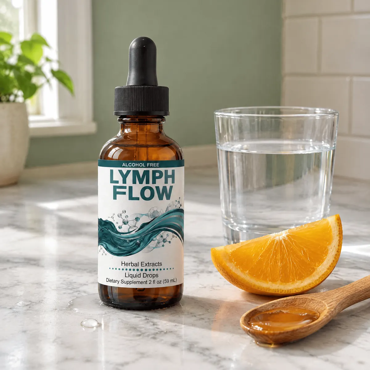 Lymph Flow bottle on a marble counter with orange and honey