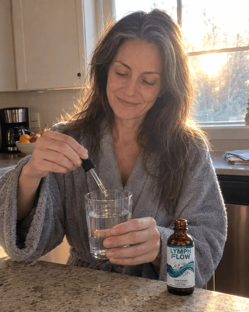 Squeezing two droppers of Lymph Flow into a glass of water at sunrise