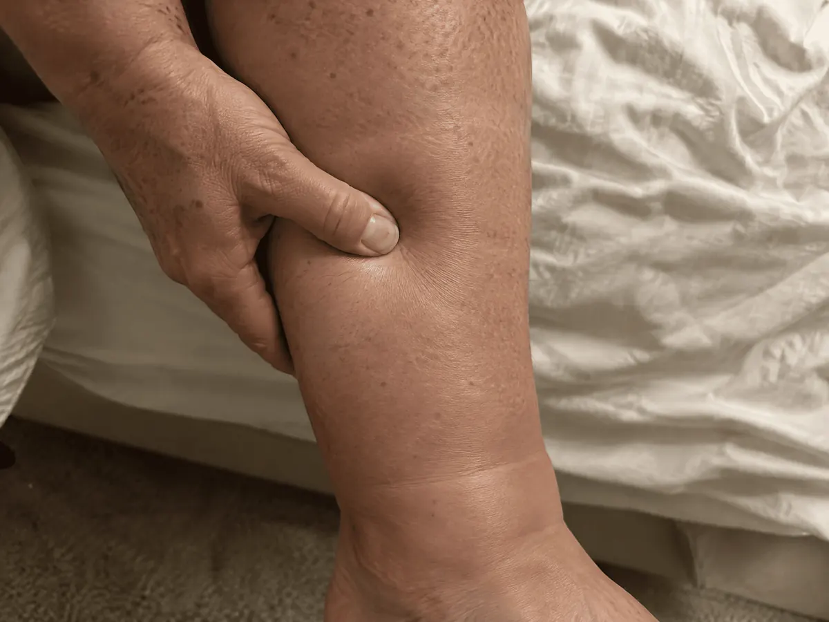 A thumb pressed into the skin above the ankle